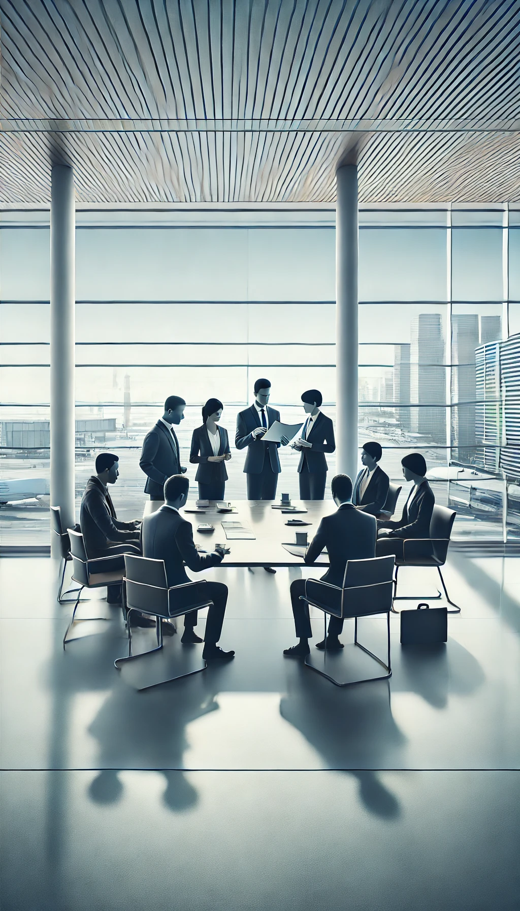Business team meeting in a modern, sunlit glass conference room overlooking a city.