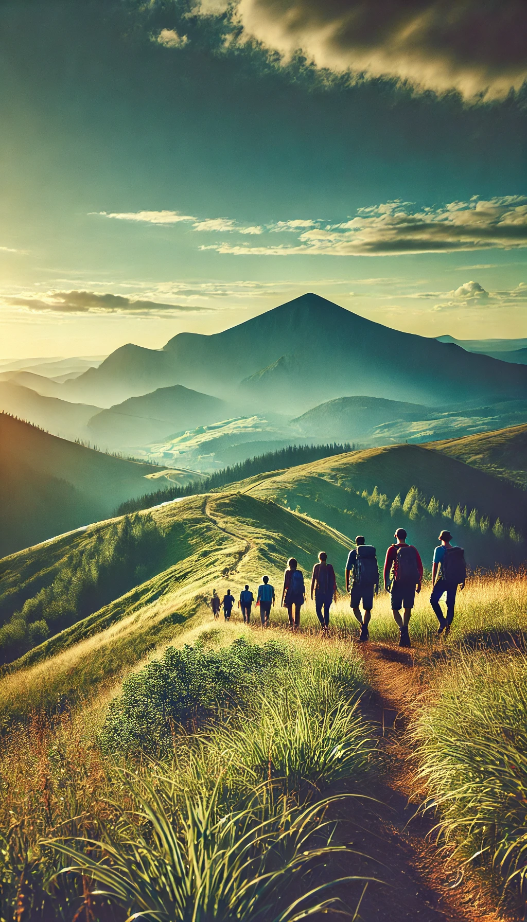 Group of hikers following a dirt trail up a steep, grassy mountain ridge at sunset.