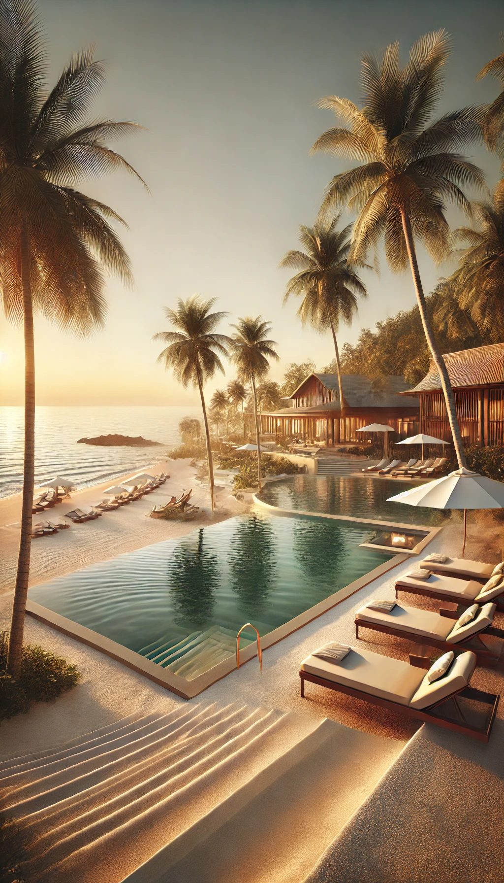 Luxury tropical resort pool near a beach, lined with palm trees and lounge chairs at sunset.